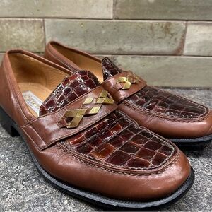 Sguro Italy Brown Leather Croc Loafers with Gold Accents